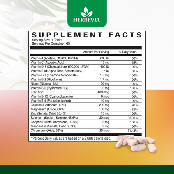 Herbevia Multivitamin Daily for Men Women & Teens - Support for Overall Health - Vegan Immune Booster & Energy Support Supplement - Minerals for Bone Health - Halal Certified GMO-Free - 60 Tablets