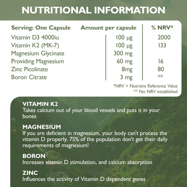 Barefoot Nutrition - Vitamin D3 Complete 4000 IU with Vitamin K2 MK-7 Magnesium Boron & Zinc Supplement High Strength Formula for Bone and Normal Health Function 60 Capsules