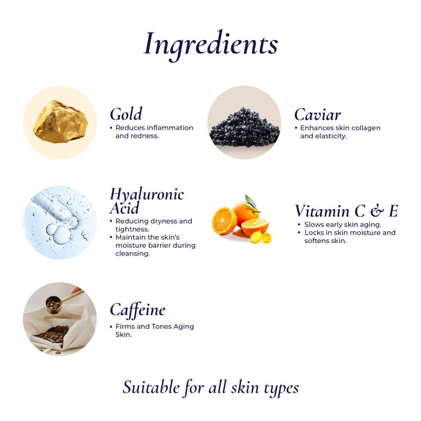 Kamira 24K Gold and Caviar Face Cleanser – Hydrating & Rejuvenating Cleanser for Youthful Radiant Skin | Reduces Fine Lines & Wrinkles | Gentle Daily Korean Skincare for All Skin Types 100ml