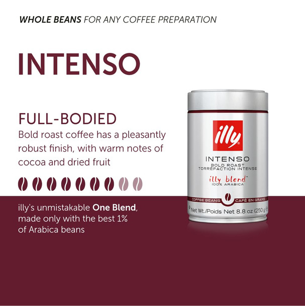 Illy Intenso Whole Bean Coffee  Dark Roast  Intense, Robust And Full Flavored With Notes Of Deep Cocoa, 100% Arabica Coffee,No Preservatives  8.8 Ounce Pack Of