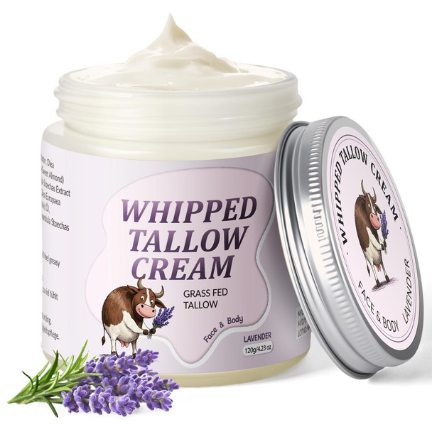 Ingbear Beef Tallow Skin Care Whipped Tallow Face Cream Beef Tallow Moisturiser for Face & Body Natural Grass Fed Beef Tallow Skin Care Cream for Dry Skin Lavender 120g