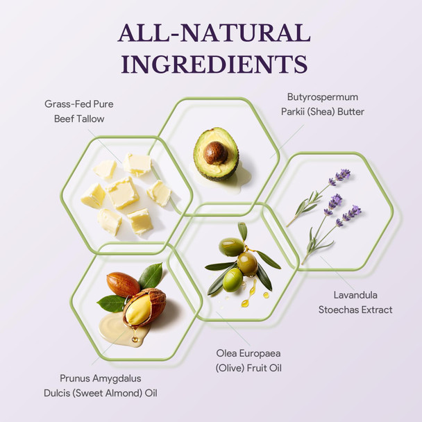 Ingbear Beef Tallow Skin Care Whipped Tallow Face Cream Beef Tallow Moisturiser for Face & Body Natural Grass Fed Beef Tallow Skin Care Cream for Dry Skin Lavender 120g