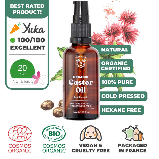 BIONOBLE Castor Oil Organic and Cold Pressed - Glass Bottle Pipette and Pump - Vegan and Hexane Free Organic Castor Oil - Hair Growth Oil Lash Serum Beard Oil - 50ml