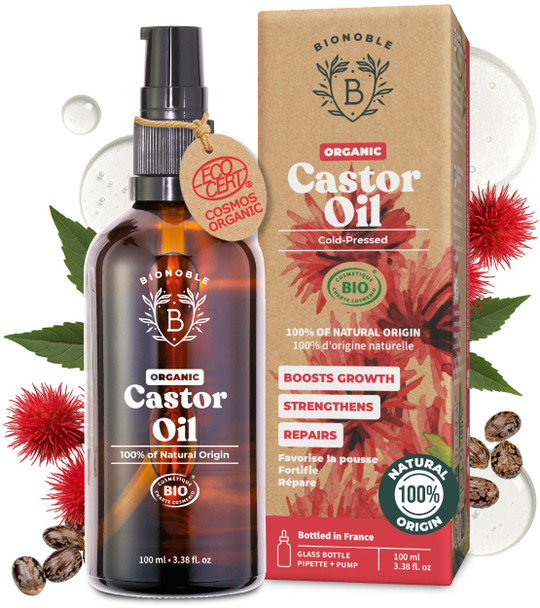 BIONOBLE Castor Oil Organic and Cold Pressed - Glass Bottle Pipette and Pump - Vegan and Hexane Free Organic Castor Oil - Hair Growth Oil Lash Serum Beard Oil - 100ml