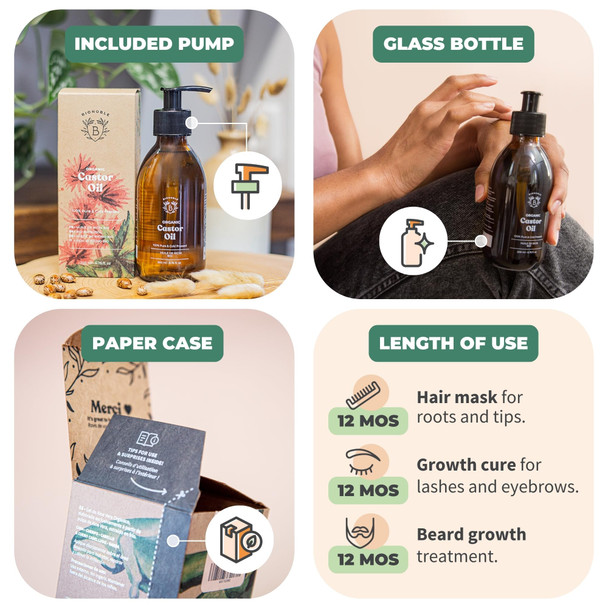 BIONOBLE Castor Oil Organic and Cold Pressed - Glass Bottle and Pump - Vegan and Hexane Free Organic Castor Oil - Hair Growth Oil Lash Serum Beard Oil - 500m