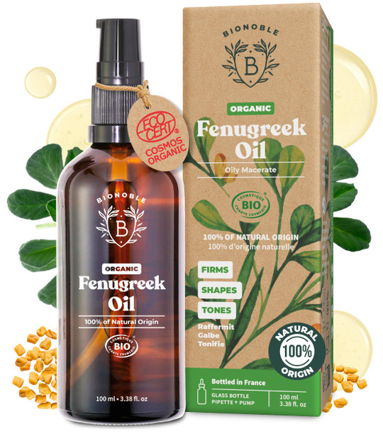 Bionoble Organic Fenugreek Oil 100ml - Oily Macerate made with Sunflower Oil - 100% Pure Natural - Body Chest Buttocks Hair - Vegan Cruelty Free - Glass Bottle + Pipette + Pump