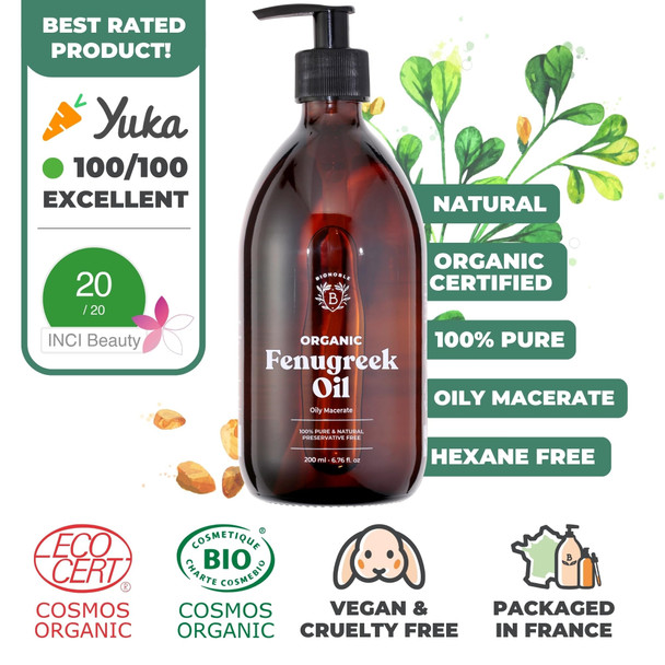 Bionoble Organic Fenugreek Oil 200ml - Fenugreek Oily Macerate made with Sunflower Oil - 100% Pure and Natural - Body Chest Buttocks Hair - Glass Bottle + Pump