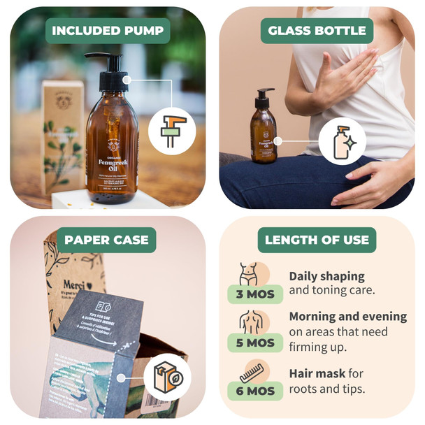 Bionoble Organic Fenugreek Oil 200ml - Fenugreek Oily Macerate made with Sunflower Oil - 100% Pure and Natural - Body Chest Buttocks Hair - Glass Bottle + Pump