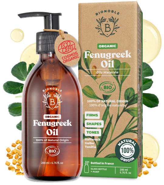Bionoble Organic Fenugreek Oil 200ml - Fenugreek Oily Macerate made with Sunflower Oil - 100% Pure and Natural - Body Chest Buttocks Hair - Glass Bottle + Pump
