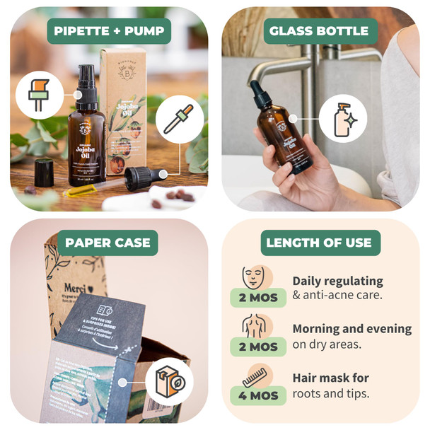 Bionoble Organic Jojoba Oil 50ml - 100% Pure Natural and Cold Pressed - Face Body Hair Beard Nails - Vegan and Cruelty Free - Glass Bottle + Pipette + Pump