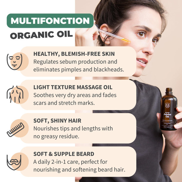 Bionoble Organic Jojoba Oil 50ml - 100% Pure Natural and Cold Pressed - Face Body Hair Beard Nails - Vegan and Cruelty Free - Glass Bottle + Pipette + Pump