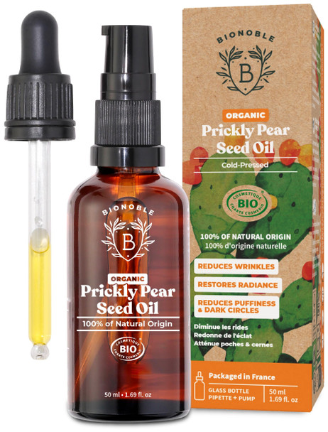 Bionoble Organic Prickly Pear Seed Oil 50ml - 100% Pure Natural and Cold Pressed - Face Body Hair Beard Nails - Vegan and Cruelty Free - Glass Bottle + Pipette + Pump
