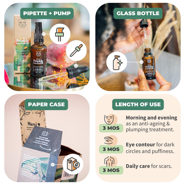 Bionoble Organic Prickly Pear Seed Oil 50ml - 100% Pure Natural and Cold Pressed - Face Body Hair Beard Nails - Vegan and Cruelty Free - Glass Bottle + Pipette + Pump