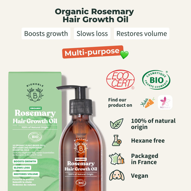 BIONOBLE Organic Rosemary Oil for Hair Growth - Slows Loss Restores Volume - Rosemary Hair Oil with Argan Jojoba & Castor Oil - 100% Natural & Vegan - Glass Bottle + Pump - 200ml