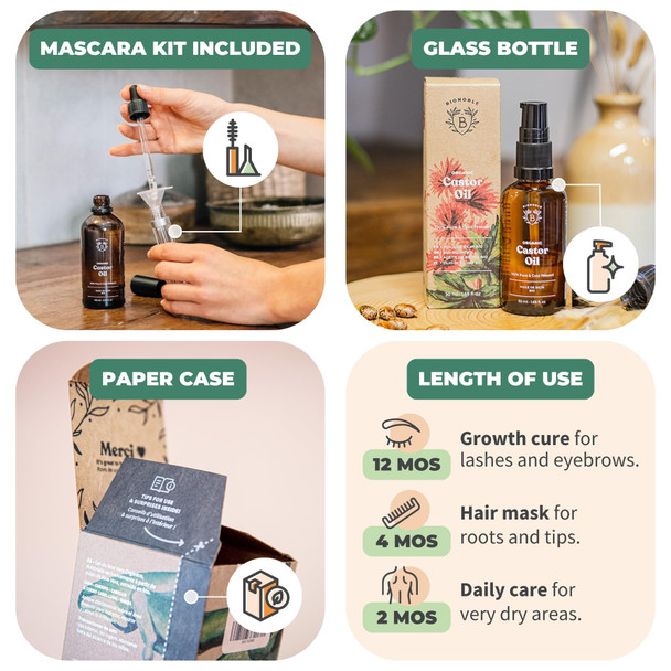 Bionoble Organic Castor Oil 50ml - 100% Pure Natural Cold Pressed - Lashes Eyebrows Body Hair Beard Nails - Vegan Cruelty Free - Glass Bottle + Pipette + Pump + Mascara Kit