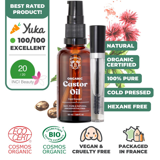 Bionoble Organic Castor Oil 50ml - 100% Pure Natural Cold Pressed - Lashes Eyebrows Body Hair Beard Nails - Vegan Cruelty Free - Glass Bottle + Pipette + Pump + Mascara Kit