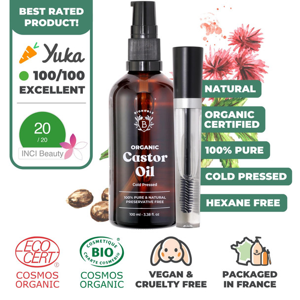 Bionoble Organic Castor Oil 100ml - 100% Pure Natural Cold Pressed - Lashes Eyebrows Body Hair Beard Nails - Vegan and Cruelty Free - Glass Bottle + Pipette + Pump + Mascara Kit