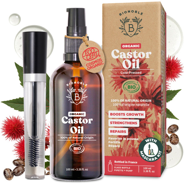 Bionoble Organic Castor Oil 100ml - 100% Pure Natural Cold Pressed - Lashes Eyebrows Body Hair Beard Nails - Vegan and Cruelty Free - Glass Bottle + Pipette + Pump + Mascara Kit