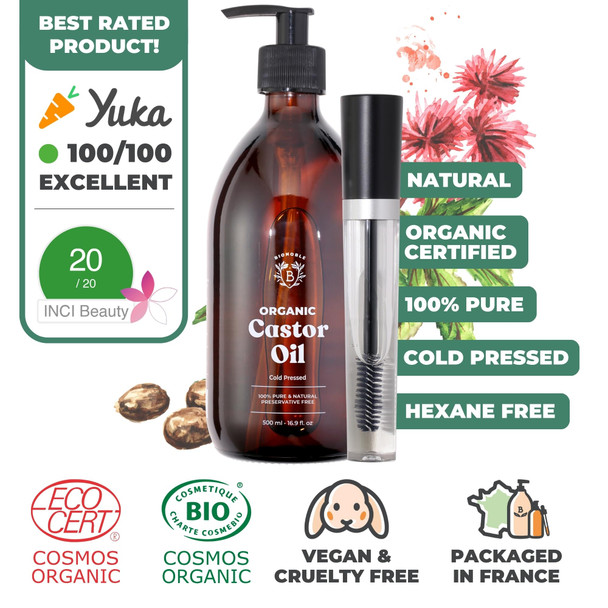 Bionoble Organic Castor Oil 500ml - 100% Pure Natural and Cold Pressed - Lashes Eyebrows Body Hair Beard Nails - Vegan Cruelty Free - Glass Bottle + Pump + Mascara Kit