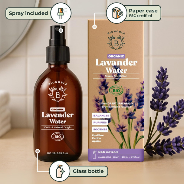 BIONOBLE Organic Lavender Water for Skin - Soothes Purifies & Balances - 100% of Natural Origin and Vegan Lavender Hydrosol for Acne-Prone Skin Body & Hair - Glass Bottle with Spray - 200ml