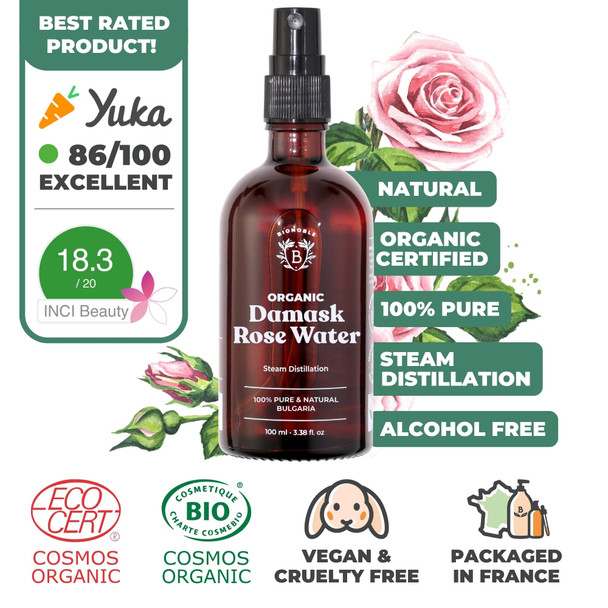Bionoble Organic Rose Water 100ml - 100% Pure and Natural Damask Rose Hydrolat - Face Eye Contour Body Hair - Glass Bottle + Spray