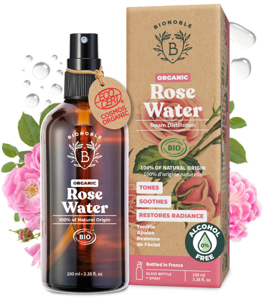 Bionoble Organic Rose Water 100ml - 100% Pure and Natural Damask Rose Hydrolat - Face Eye Contour Body Hair - Glass Bottle + Spray