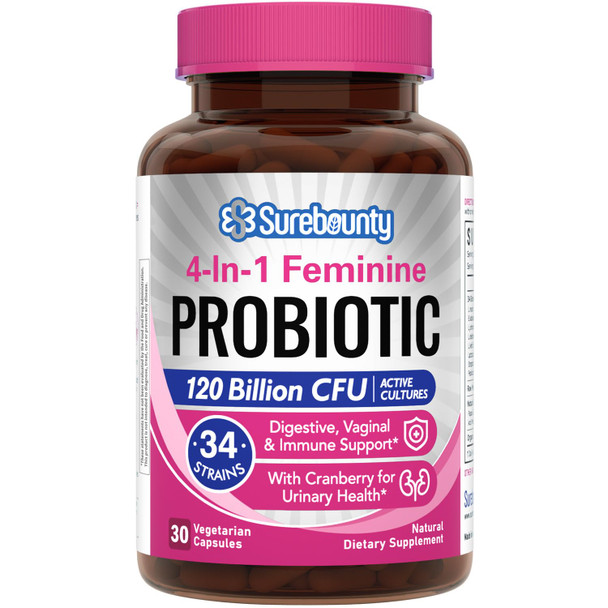 Surebounty 4-in-1 Feminine Probiotic 120 Billion CFU + 34 Strains Highest Potency for Women Prebiotics + Digestive Enzymes + Cranberry Digestive Vaginal Mood Immune & Overall Support 30 caps