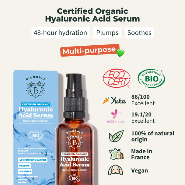 BIONOBLE Hyaluronic Acid Serum Certified Organic - Hydrating  Anti Wrinkle & Anti Aging with Aloe Vera - Vegan Face Serum for Women Mature Skin & All Skin Types - Glass Bottle + Pump - 100ml