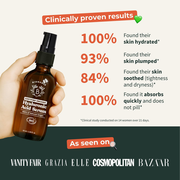 BIONOBLE Hyaluronic Acid Serum Certified Organic - Hydrating  Anti Wrinkle & Anti Aging with Aloe Vera - Vegan Face Serum for Women Mature Skin & All Skin Types - Glass Bottle + Pump - 100ml