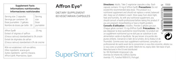 Supersmart  Affron Eye  Extract of Saffron Stigmas (Crocus Sativus) Standardized to 3% Crocin  Eye Health and Antioxidant Supplement  Non-GMO and Gluten Free  60 Vegetarian Capsules