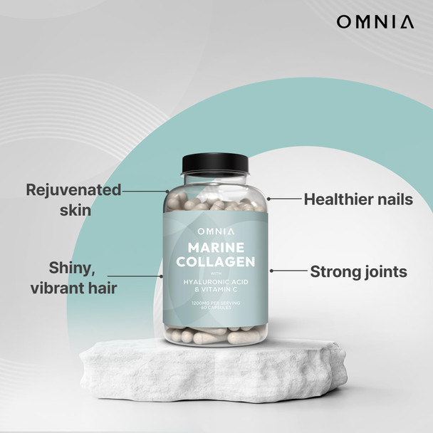 Omnia Marine Collagen Capsules 1200mg Premium Skin Hair & Nail Health Support for Women & Men Enriched with Type I Collagen Hyaluronic Acid & Vitamin C High-Potency Formula UK Made 60 Capsules