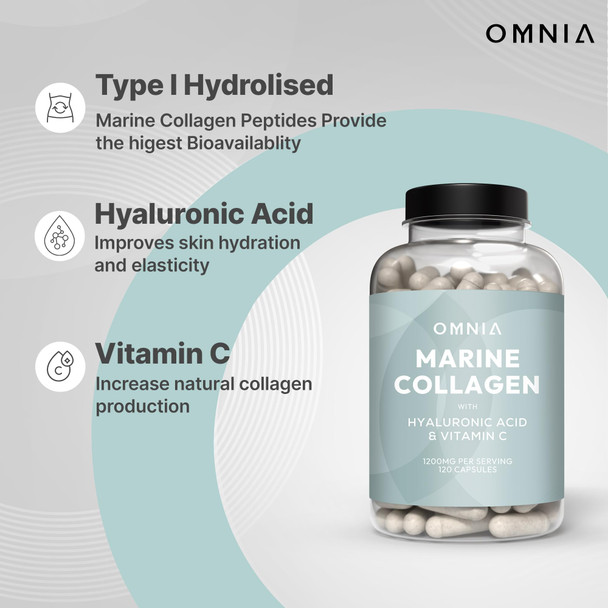 Omnia Marine Collagen Capsules 1200mg Premium Skin Hair & Nail Health Support for Women & Men Enriched with Type I Collagen Hyaluronic Acid & Vitamin C High-Potency Formula UK Made -120 Capsules