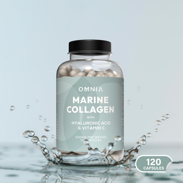 Omnia Marine Collagen Capsules 1200mg Premium Skin Hair & Nail Health Support for Women & Men Enriched with Type I Collagen Hyaluronic Acid & Vitamin C High-Potency Formula UK Made -120 Capsules