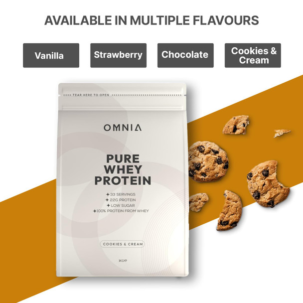 OMNIA Pure Whey Protein Powder Nutrition Low Carbs and Low Sugar Muscle Building Powder Over 22G Protein Per Serving - 33 Servings - 1 KG - Cookies and Cream