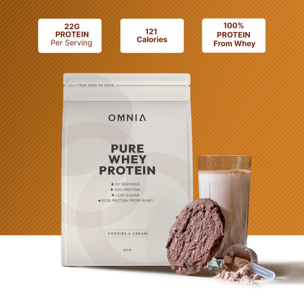 OMNIA Pure Whey Protein Powder Nutrition Low Carbs and Low Sugar Muscle Building Powder Over 22G Protein Per Serving - 33 Servings - 1 KG - Cookies and Cream