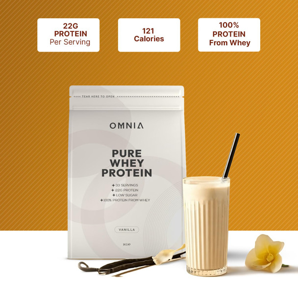 OMNIA Pure Protein Whey Powder Nutrition Low Carbs and Low Sugar Muscle Building Powder Over 22G Protein Per Serving 33 Servings - 1 KG - Vanilla