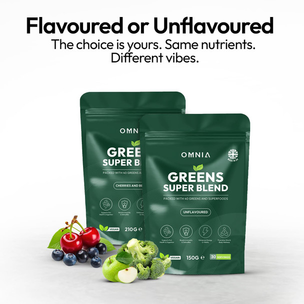 OMNIA Super Greens Powder – 40 Ingredients with Superfoods Vitamins & Antioxidants – Supports Gut Health Detox Energy & Immunity – Vegan-Friendly Non-GMO – 30 Servings (210G Unflavoured)