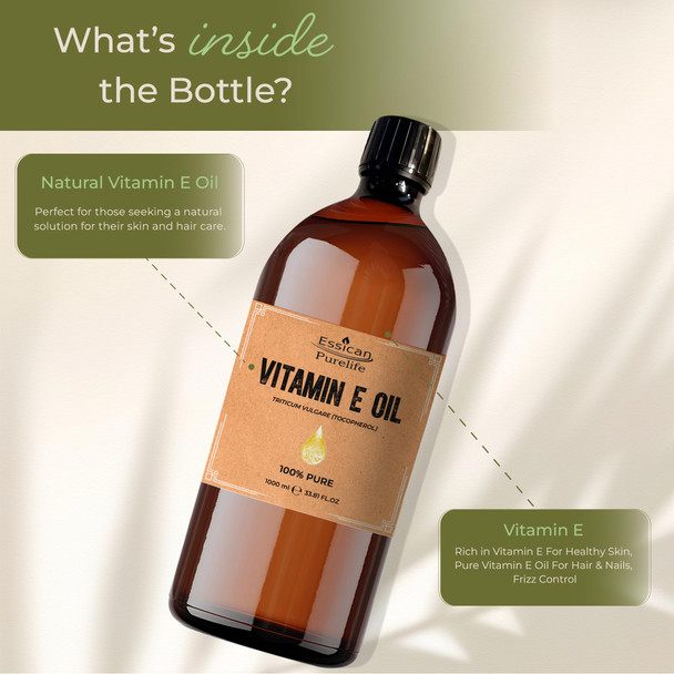 Essican Purelife Pure Vitamin E Oil for Skin 1000ml Natural Vit E Oil for Skin Hair & Face Antioxidant Rich Carrier Oils for Essential Oils Mixing Supports Hair Growth Nails & Cuticles