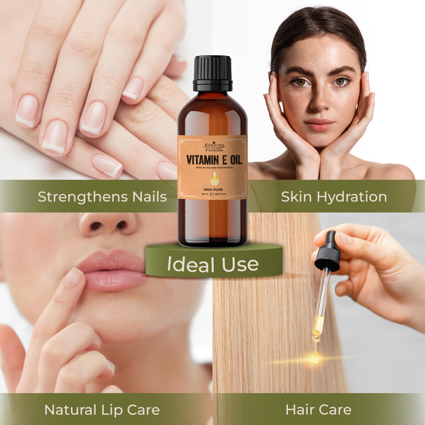Essican Purelife Pure Vitamin E Oil for Skin 50ml Natural Vit E Oil for Skin Hair & Face Antioxidant Rich Carrier Oils for Essential Oils Mixing Supports Hair Growth Nails & Cuticles