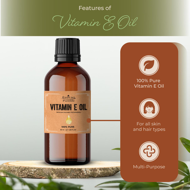 Essican Purelife Pure Vitamin E Oil for Skin 50ml Natural Vit E Oil for Skin Hair & Face Antioxidant Rich Carrier Oils for Essential Oils Mixing Supports Hair Growth Nails & Cuticles