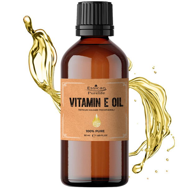 Essican Purelife Pure Vitamin E Oil for Skin 50ml Natural Vit E Oil for Skin Hair & Face Antioxidant Rich Carrier Oils for Essential Oils Mixing Supports Hair Growth Nails & Cuticles