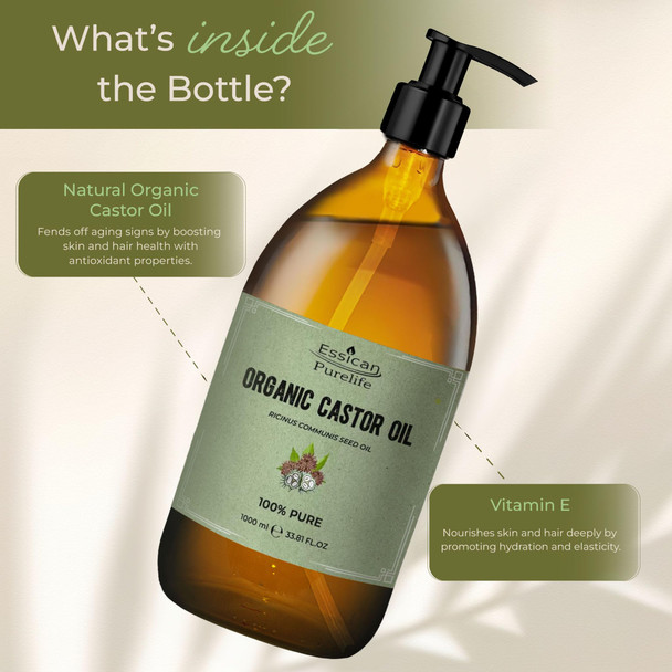 Essican Purelife Castor Oil Organic Hexane Free Glass Bottle with Pump 1000ml (Pack of 1) - Pure Organic Castor Oil Cold Pressed Natural for Healthy Skin Face Body Eyelashes Brow Hair Growth Vitamin E Essican Purelife Castor Oil Organic Hexane Free Glass Bottle with Pump 1000ml (Pack of 1) - Pure Organic Castor Oil Cold Pressed Natural for Healthy Skin Face Body Eyelashes Brow Hair Growth Vitamin E
