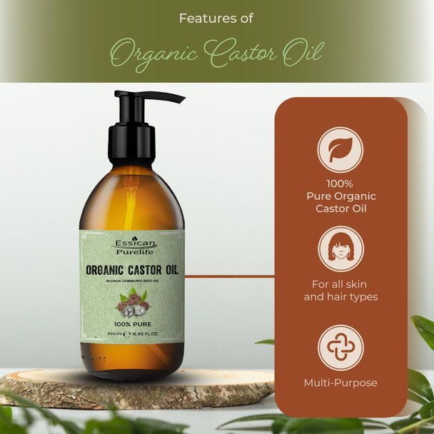 Essican Purelife Castor Oil Organic Hexane Free Glass Bottle with Pump 500ml (Pack of 1)- Pure Organic Castor Oil Cold Pressed Natural for Healthy Skin Face Body Eyelashes Brow Hair Growth Vitamin E