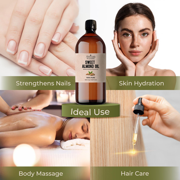 Essican Purelife Pure Sweet Almond Oil for Hair 1000ml Cold Pressed Almond Oils for Massage Carrier Oil for Essential Oils Mixing Ideal for Massage Moisturising Face Skin Ear Body Cruelty-Free Essican Purelife Pure Sweet Almond Oil for Hair 1000ml Cold Pressed Almond Oils for Massage Carrier Oil for Essential Oils Mixing Ideal for Massage Moisturising Face Skin Ear Body Cruelty-Free