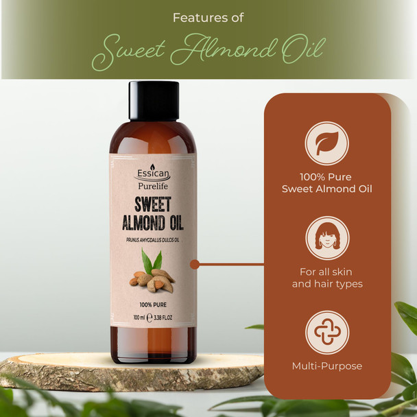 Essican Purelife Pure Sweet Almond Oil for Hair 100ml Cold Pressed Almond Oils for Massage Carrier Oil for Essential Oils Mixing Ideal for Massage Moisturising Face Skin Ear Body Cruelty-Free