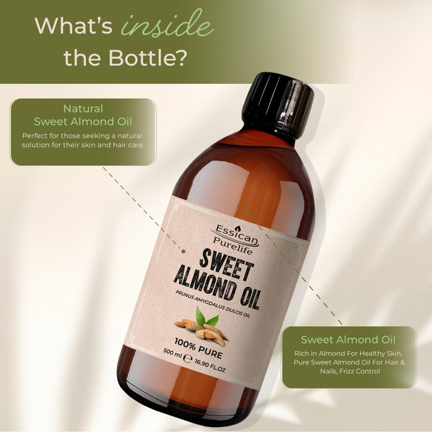 Essican Purelife Pure Sweet Almond Oil for Hair 500ml Cold Pressed Almond Oils for Massage Carrier Oil for Essential Oils Mixing Ideal for Massage Moisturising Face Skin Ear Body Cruelty-Free Essican Purelife Pure Sweet Almond Oil for Hair 500ml Cold Pressed Almond Oils for Massage Carrier Oil for Essential Oils Mixing Ideal for Massage Moisturising Face Skin Ear Body Cruelty-Free