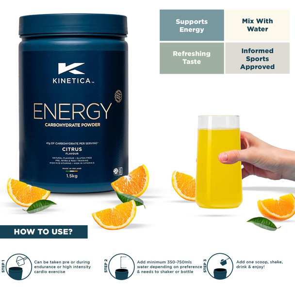 Kinetica Sports Energy Powder - Citrus Flavour | 41g Carbs/Serve 30 Servings/1.5Kg | 3:1 Glucose to Fructose Ratio | High in Vitamin B1 B5 B6 B7 B12 | Instant Energy Carbohydrate Drink