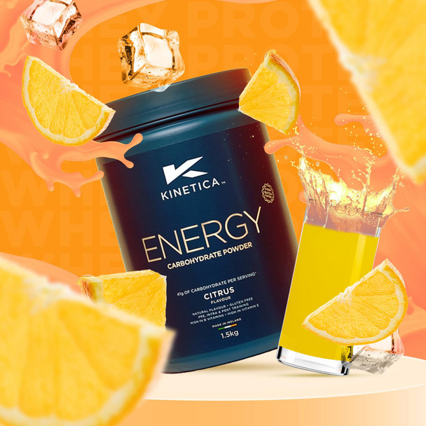 Kinetica Sports Energy Powder - Citrus Flavour | 41g Carbs/Serve 30 Servings/1.5Kg | 3:1 Glucose to Fructose Ratio | High in Vitamin B1 B5 B6 B7 B12 | Instant Energy Carbohydrate Drink