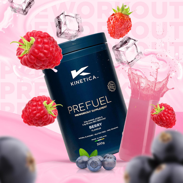 Kinetica Sports Prefuel Pre Workout -Berry Flavour | 5.8g Amino Acids Blend 2.25g BCAA's & 92mg Caffeine/Serve 30 Servings/300g| With Essential Vitamins Minerals|Supports Performance & Energy Boost