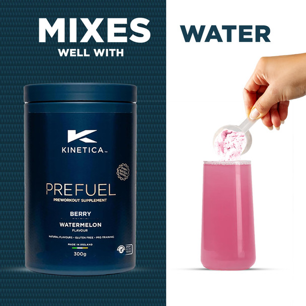 Kinetica Sports Prefuel Pre Workout -Berry Flavour | 5.8g Amino Acids Blend 2.25g BCAA's & 92mg Caffeine/Serve 30 Servings/300g| With Essential Vitamins Minerals|Supports Performance & Energy Boost